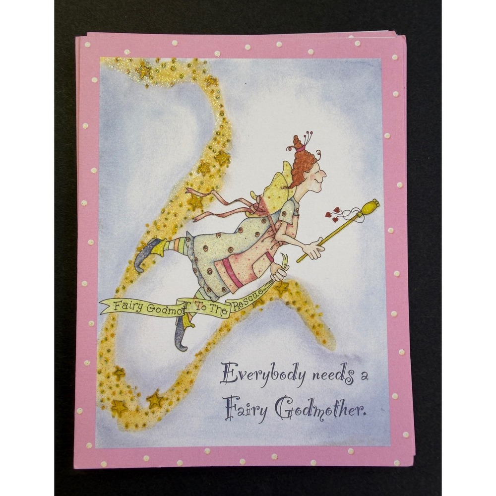 Fairy Godmother Greeting Cards Set of 6 Pink Glitter Whimsy Fantasy Stationery